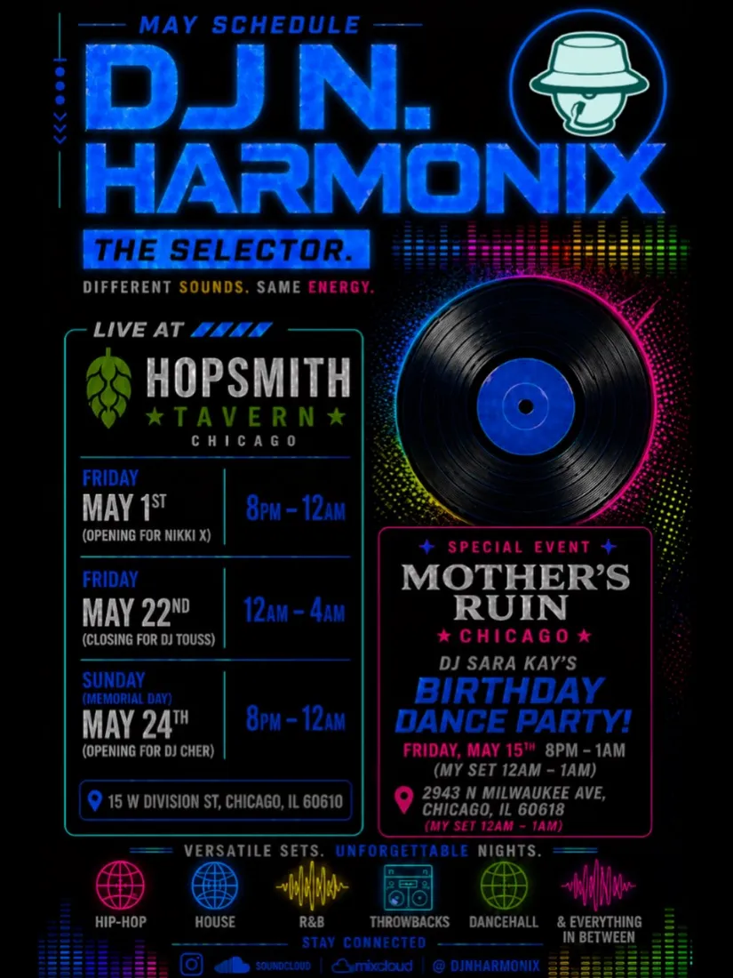 May schedule: live at Hopsmith Tavern May 1, 22 and 24, plus a birthday dance party at Mother's Ruin